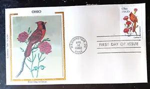 OHIO BIRD & FLOWER 1982 COLORANO SILK FDC CARDINAL &  RED CARNATION WDC CANCEL