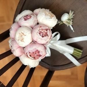 Romantic Pink and White Peony Bridal Bouquet and Boutonniere Set