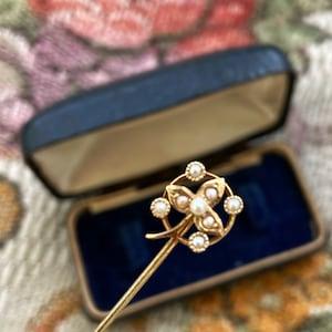 Antique Victorian 14k Gold Masonic Flower Seed Pearl Stick Pin