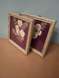 VTG 1960 DRIED PRESSED FLOWERS 2 RED BEIGE GOLD GILD WOOD FRAME GLASS ART  (B32)