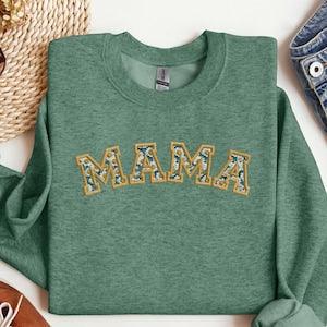 MAMA Floral crewneck, Simple mama pullover, Green sweatshirt fall floral, Fall sweatshirts, Mama crewneck with embroidered look