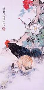 STUNNING ORIENTAL ASIAN ART CHINESE WATERCOLOR PAINTING-Rooster&Peony flowers
