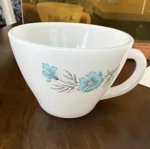 Vintage Fire King Milk Glass Coffee Tea Cup Mug Blue Corn Flower Carnation MCM