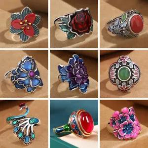 Enamel Fired Peony Flower Adjustable Women Ring , Anillo de flores, Anello Fiore