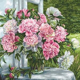 Pink Peonies by Window cross-stitch kit on Aida 18 count canvas. Spring Flowers. Cross Stitch kit by Luca-s B594L