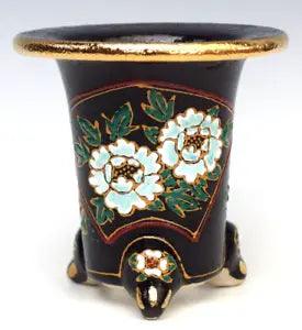 Rakuyaki OMOTO Orchid Black pot Peony flower in Fan Gold paint ??3.8"#170p