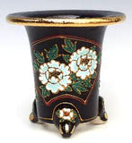 Rakuyaki OMOTO Orchid Black pot Peony flower in Fan Gold paint ??3.8