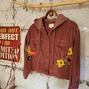 Kreolka Corduroy cropped jacket, autumn theme, sunflowers patchwork, large top with hood and buttons, fall pumpkins, pears, pockets