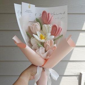Crochet Flowers Bouquet Handmade, Finished Product, Tulip, Rose for Anniversary, Birthday, Girlfriend, Wife, Mother day love forever gift