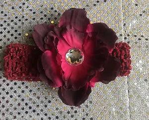 Burgundy silk peony flower clip headband with layered fabric bloom