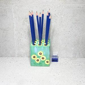 Sunflower a yellow garden flower painted on blue and green unique pencil holder for 9 scissors, pens, markers