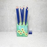 Sunflower a yellow garden flower painted on blue and green unique pencil holder for 9 scissors, pens, markers