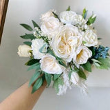 Ivory White & Sage Green Wedding Bouquet, Rose Eucalyptus Blue Berry Baby's Breath Bouquet, White Silk Flower Bridal and Bridesmaid Bouquet