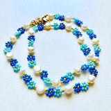 Daisy flower pearl seed bead choker necklace, summer blue daisy flower necklace choker gift for her women girl,hand-beaded choker necklace