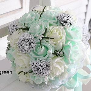 Mint Green Wedding Bouquet PE Flowers Bridal Bouquet  Wedding Centerpieces Decorations,Silk Ribbon Fake Flower Bouquets