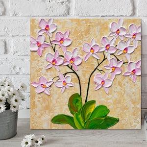 Pink Orchid Painting on Canvas, Palette Knife Flowers Artwork