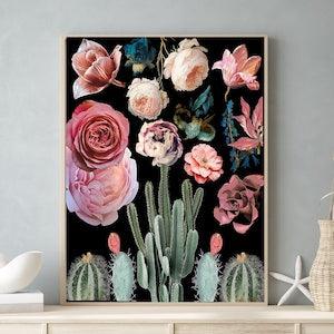 Floral Succulent Print, Cactus, Roses, Peony, Orchid Wall Art Physical Print, Flowers Blooming Cactus Art