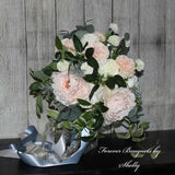 Large Boho Blush brides wedding bouquet roses, peonies, ranunculus, carnations. Real touch eucalyptus. Dusty blue ribbon