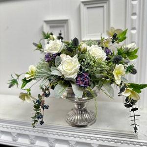 Elegant Artificial Flower Arrangement Ivory Roses Purple Blooms in Silver Vase Table centerpiece home wedding decor Fake floral Accent Piece