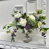 Elegant Artificial Flower Arrangement Ivory Roses Purple Blooms in Silver Vase Table centerpiece home wedding decor Fake floral Accent Piece