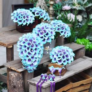 Wedding Bouquet Purple Turquoise Blue Picasso Calla Lily cascading Bridal Bouquet Bridesmaid Bouquet Groom Groomsman Boutounniere wedding pa