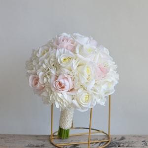 Faux Blush Ivory Real Touch Roses Hydrangeas Bridal Bouquet, Cream White Wedding Bouquets, Off White Roses Artificial Flowers Bouquets