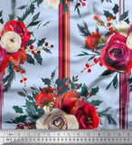 Soimoi Blue Velvet Fabric Holly Leaves & Ranunculus Floral Print-x4u