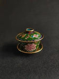 Chinese Copper Cloisonne Handmade Exquisite Peony Flower cup Bowls saucer set