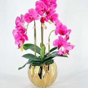 Magenta Pink 3 Stems Phalaenopsis Orchid Arrangement, Real Touch Orchid in Gold Vase | Table Centerpiece | Floral Decor | Flower Arrangement