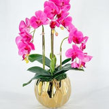 Magenta Pink 3 Stems Phalaenopsis Orchid Arrangement, Real Touch Orchid in Gold Vase | Table Centerpiece | Floral Decor | Flower Arrangement