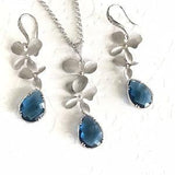 Unique Gifts, Blue Jewelry set, Orchid Jewelry, Pendant Necklace, Wedding Jewelry, Bridesmaid Gifts, Silver Necklace and earrings, Gifts