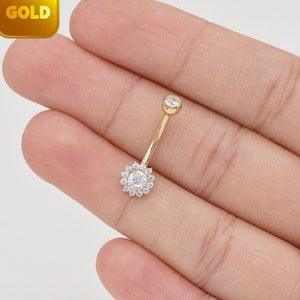14k Solid Gold Sunflower Belly Button Ring Dainty Navel Piercing Flower Threaded Navel Belly Ring Gold Curved Barbell Piercing Jewelry 14g