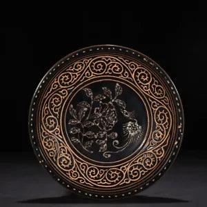 9.1" Chinese porcelain song dynasty jizhou kiln Black phoenix peony flower Plate