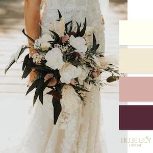 Wood Flower Bridal Bouquet | Boho Sola Wood and Pampas Wedding Bouquet | BROOKE Collection Wood Wedding Flowers in Soft White, Mauve, Plum