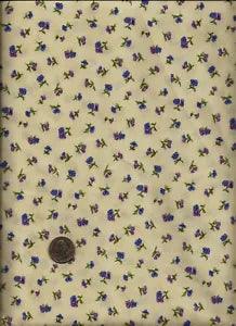 "Flowers Spaced Carnations" Print lavender periwinkle on ecru/tan Fabric-Makower