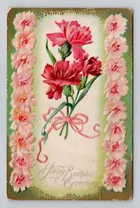 Postcard Nash Birthday Greeting Pink Carnation Flowers, Antique A12