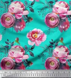 Soimoi Green Velvet Fabric Peony And Ranunculus Floral Fabric Prints-MSi