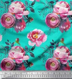 Soimoi Green Velvet Fabric Peony And Ranunculus Floral Fabric Prints-MSi