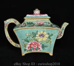 6.8 " Qianlong Marked China Colour Enamel porcelain Dynasty Peony Flower Teapot