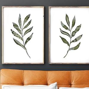 Set of Two Prints, Abstract Wall Art Leaf Watercolor Paintings, Dark Olive Green, Black and White Pattern, Bedroom Wall Decor Over the Bed