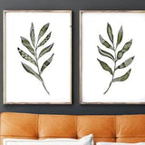 Set of Two Prints, Abstract Wall Art Leaf Watercolor Paintings, Dark Olive Green, Black and White Pattern, Bedroom Wall Decor Over the Bed