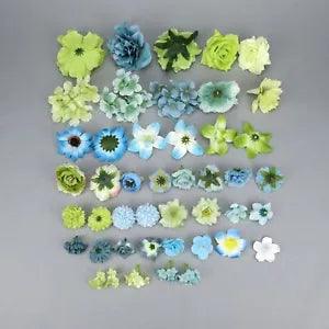 44Pcs Blue Artifical Silk Flower Heads DIY Vases Bouquet Fake Flowers Combo Set
