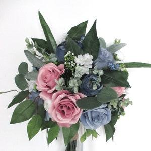 Wedding Bouquet, Bridal bouquet set, Dusty PINK, Dusty BLUE, Navy Blue, Wedding flowers, Silk flowers, Bridesmaid Bouquets "RosesandDreams"