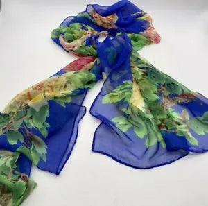 100% Silk Scarf Blue Yellow Pink Tree Flowers 20" X 70" China Dogwood Carnation
