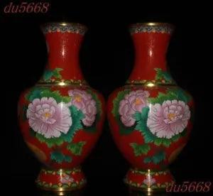 14.8"China bronze Cloisonne Peony flower Zun Cup Bottle Pot Vase Jar Statue pair