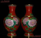 14.8"China bronze Cloisonne Peony flower Zun Cup Bottle Pot Vase Jar Statue pair