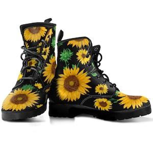 Sunflower Boots, Sunflower Shoes, Women's Boots, Vegan Leather, Combat Boots, Classic Boot, Sunflower Print Pattern Boot, Casual Boots Women
