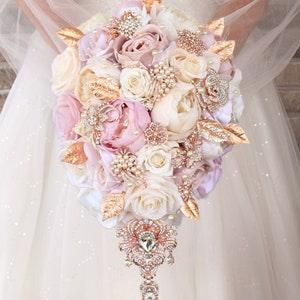Blush pink wedding bouquet. Rose gold bridal bouquet. Cascade light ivory brooch bouquet. Quinceanera bouquet. Bridesmaid package.