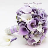 Lavender & White Real Touch Calla Lily Wedding Bouquet with Rhinestone Pearl Accents - Add Groom Boutonniere Bridesmaid Bouquet and More!