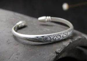 B25 Bangle Flower Peony 999 Fine Silver
